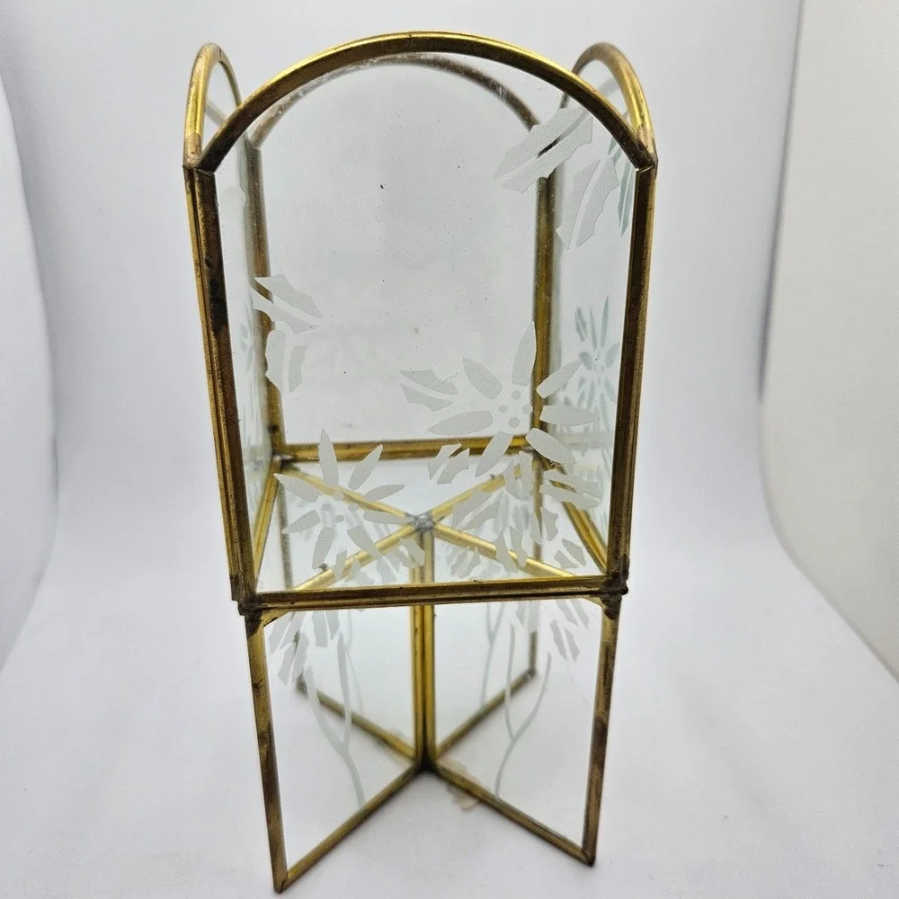 Vintage‎ FTD 1993 Brass Tone Etched Glass Jewelry Holder Trinket Organizer